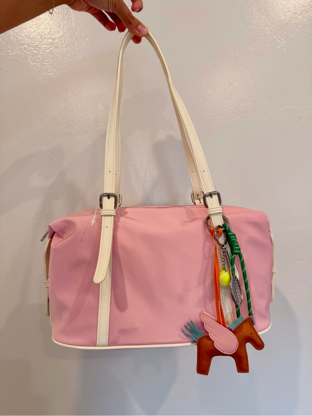 Women's Pink Nylon Shoulder Bag with off white Straps